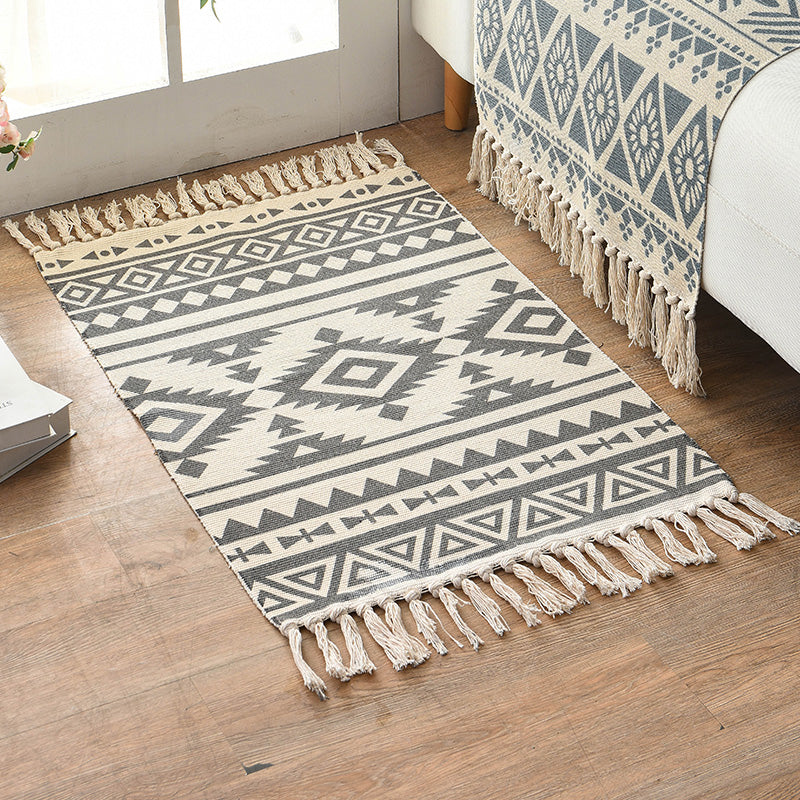 Retro Multi Color Moroccan Rug Cotton Blend Tribal Symbols Carpet Machine Washable Rug with Tassel for Room