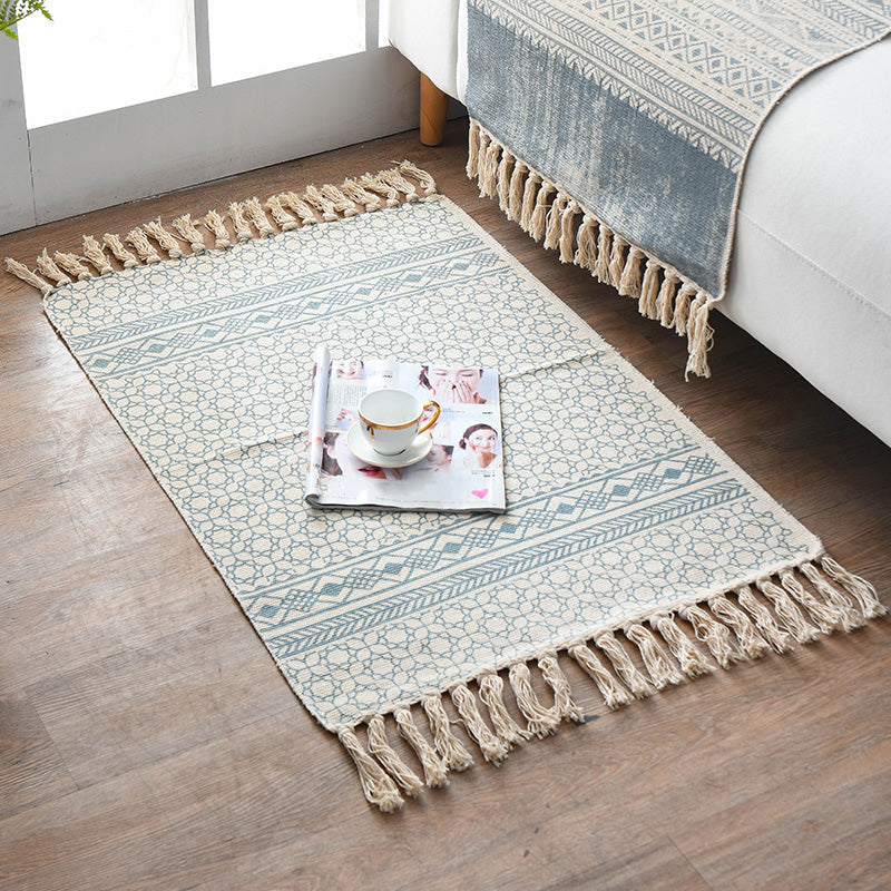 Retro Multi Color Moroccan Rug Cotton Blend Tribal Symbols Carpet Machine Washable Rug with Tassel for Room