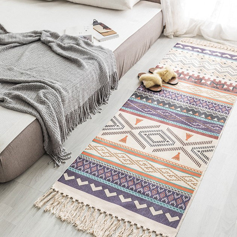 Vintage Boho Rug Multi Color Geo Patterned Carpet Machine Washable Stain-Resistant Rug with Fringe for Room