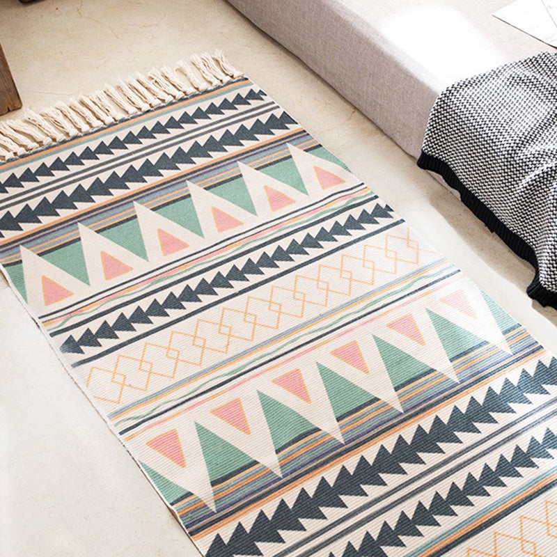 Vintage Boho Rug Multi Color Geo Patterned Carpet Machine Washable Stain-Resistant Rug with Fringe for Room