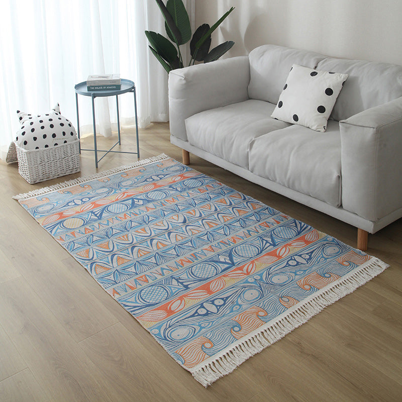 Western Living Room Rug Multi Color Geo Patterned Rug Cotton Blend Washable Hand-Woven Carpet with Tassel