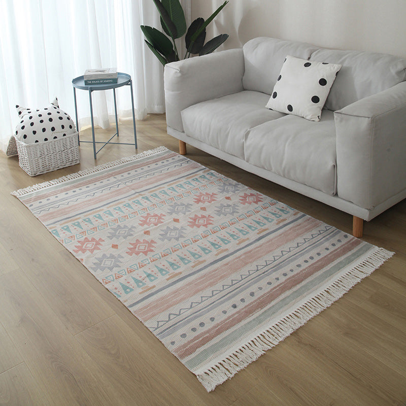 Western Living Room Rug Multi Color Geo Patterned Rug Cotton Blend Washable Hand-Woven Carpet with Tassel