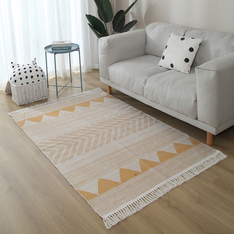 Western Living Room Rug Multi Color Geo Patterned Rug Cotton Blend Washable Hand-Woven Carpet with Tassel