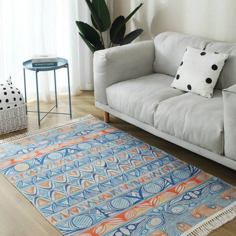 Moroccan Home Decoration Rug Multi Color Tribal Totem Carpet Cotton Blend Easy Care Washable Indoor Rug with Fringe