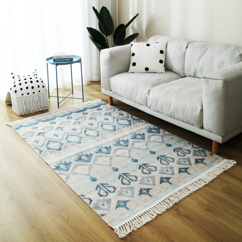 Moroccan Home Decoration Rug Multi Color Tribal Totem Carpet Cotton Blend Easy Care Washable Indoor Rug with Fringe