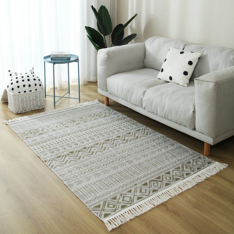 Moroccan Home Decoration Rug Multi Color Tribal Totem Carpet Cotton Blend Easy Care Washable Indoor Rug with Fringe