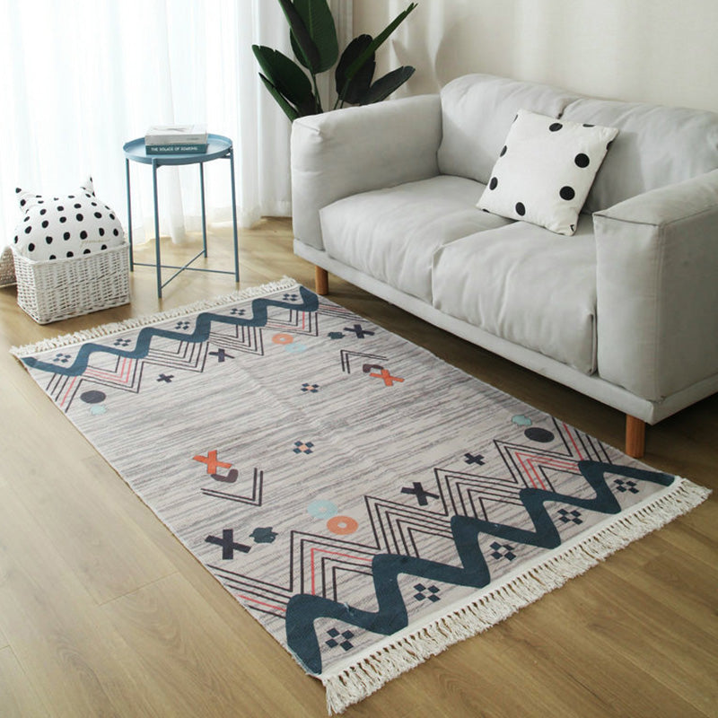 Moroccan Home Decoration Rug Multi Color Tribal Totem Carpet Cotton Blend Easy Care Washable Indoor Rug with Fringe