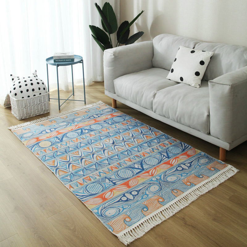 Moroccan Home Decoration Rug Multi Color Tribal Totem Carpet Cotton Blend Easy Care Washable Indoor Rug with Fringe