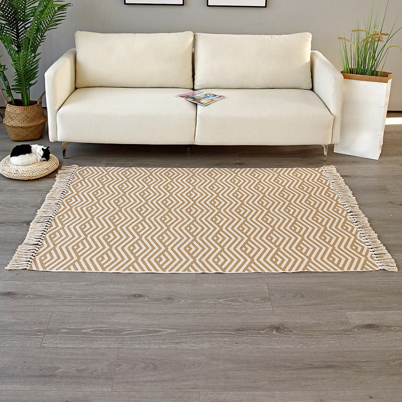 Vintage Tribal Patterned Rug Multi-Color Cotton Blend Carpet Machine Washable Environmental Area Rug with Tassel