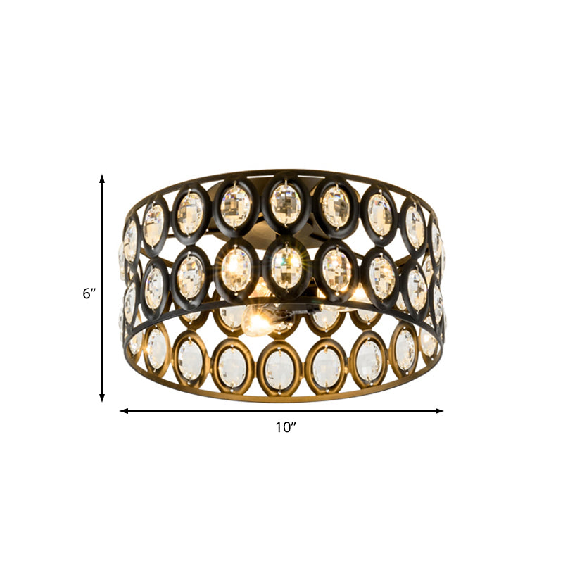 Modern 3 Lights Ceiling Light with Metal and Crystal Black Cylinder Flush Mount Light