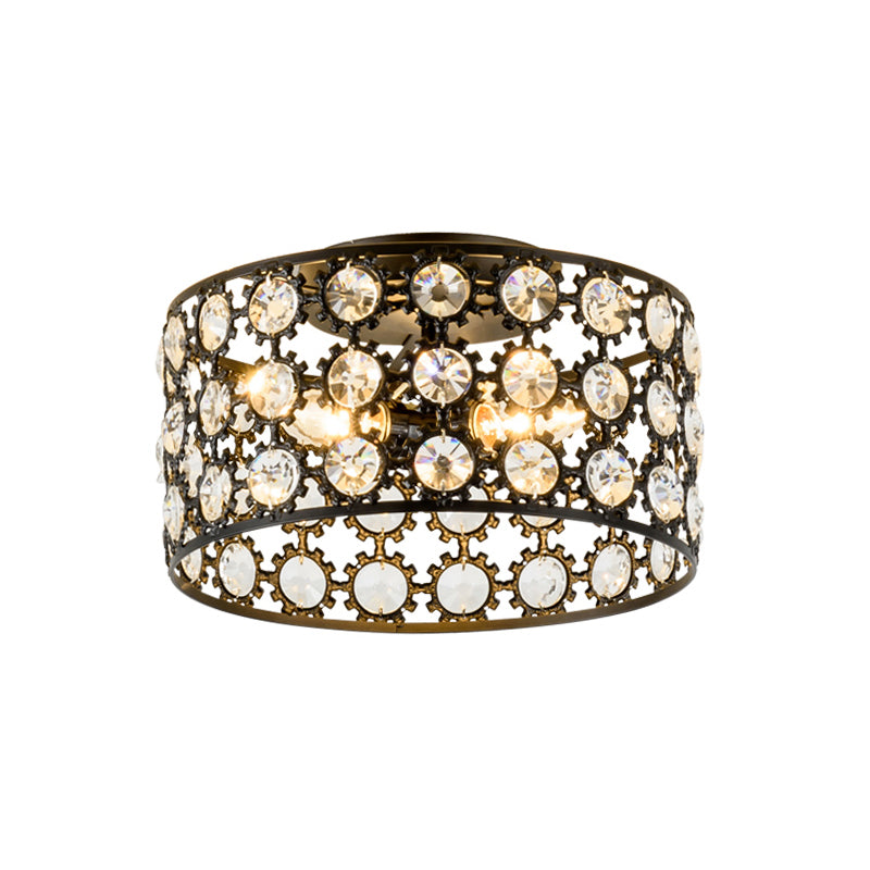 Modern 3 Lights Ceiling Light with Metal and Crystal Black Cylinder Flush Mount Light