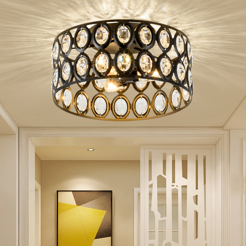 Modern 3 Lights Ceiling Light with Metal and Crystal Black Cylinder Flush Mount Light