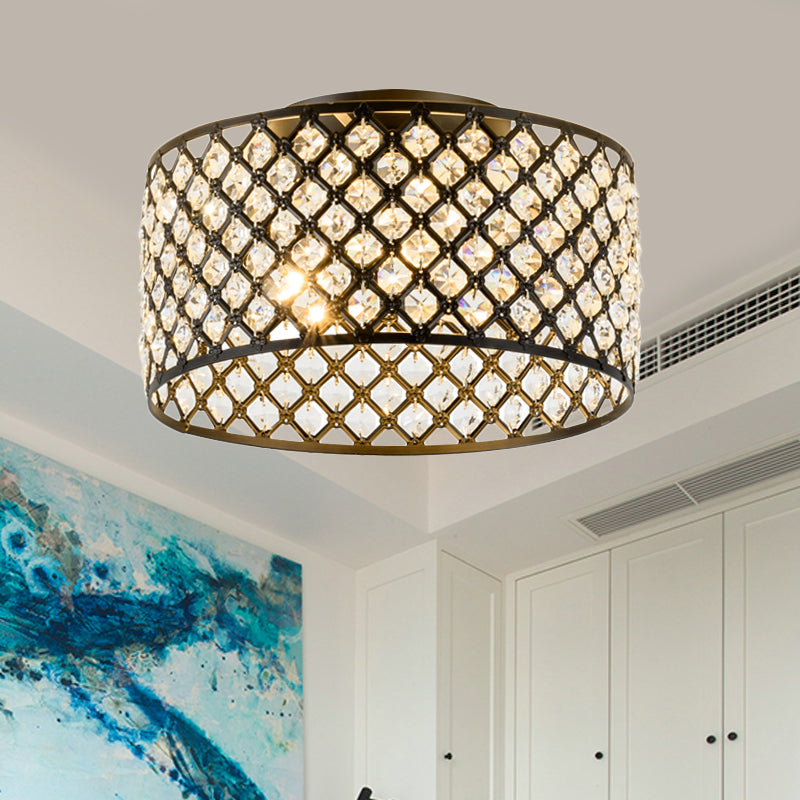 Modern 3 Lights Ceiling Light with Metal and Crystal Black Cylinder Flush Mount Light
