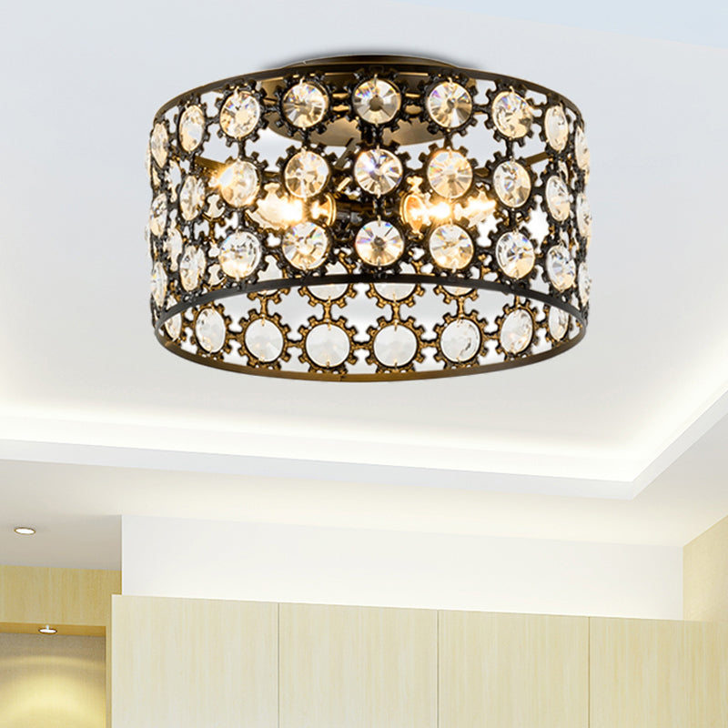 Modern 3 Lights Ceiling Light with Metal and Crystal Black Cylinder Flush Mount Light
