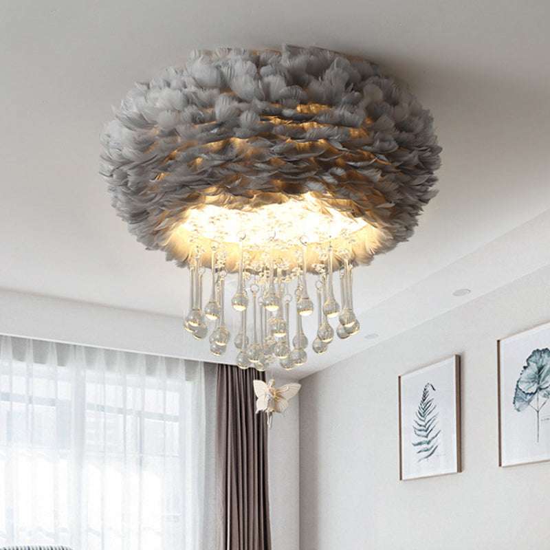 Nordic Cloud Flush Light White/Pink/Black Feather 2/3/4 Lights Bedroom Ceiling Lamp with Crystal Drop, 16"/19.5"/23.5" W