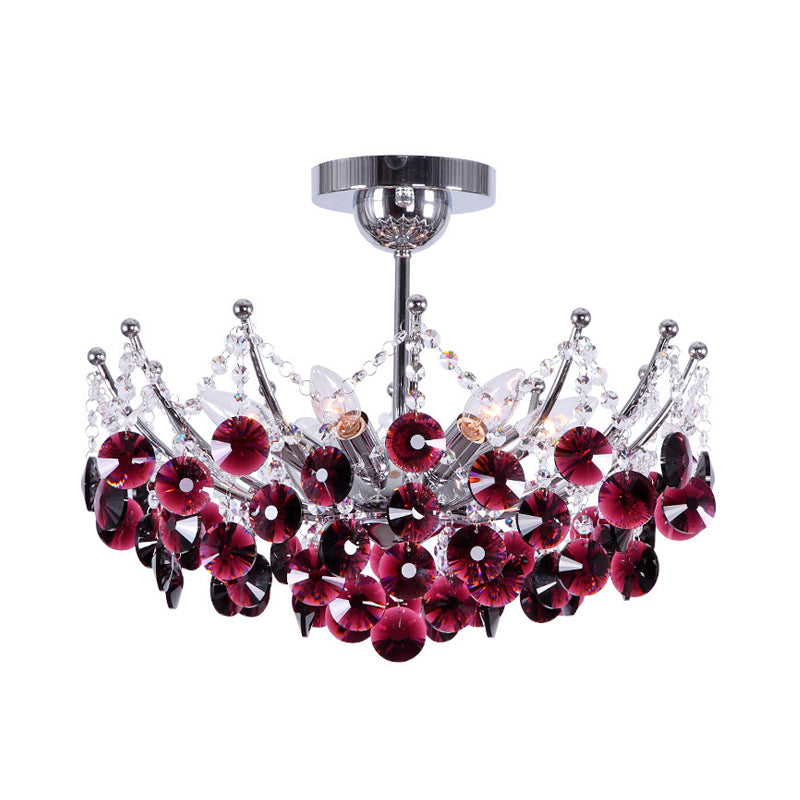 Crystal Dome Semi Flush Lighture Modern 5 Lights Borgoña/Smoke Grey/Amber Ceiling Light, 16 "/19.5" de ancho