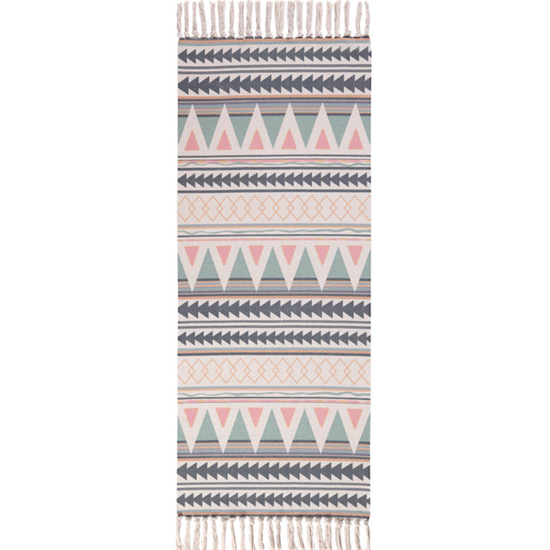 Boho Bedroom Rug Multi-Colored Geo Printed Area Carpet Cotton Easy Care Stain-Resistant Rug with Tassel