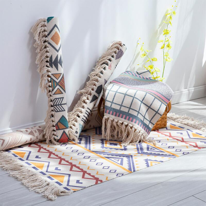 Alfombra de dormitorio boho alfombra multicolor de área impresa algodón algodón de algodón de algodón fácil de cuidado con borla