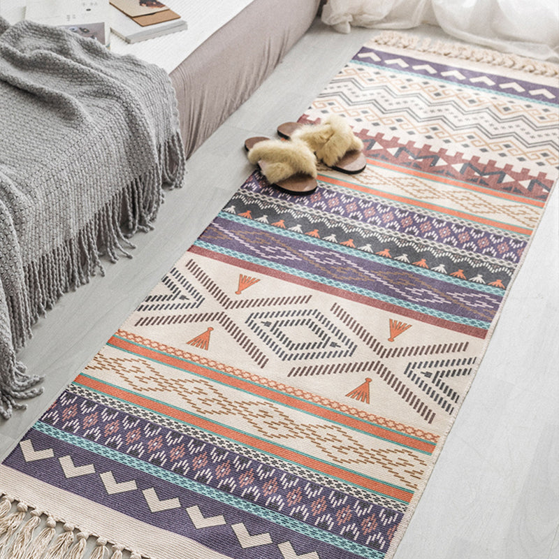 Moroccan Geometric Print Rug Multi Color Cotton Blend Carpet Machine Washable Pet Friendly Rug with Tassel for Room