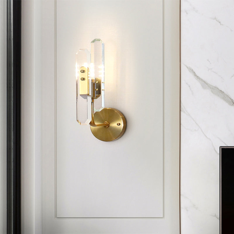 LED Living Room Sconce Light with Block Crystal Shade Postmodern Brass Wall Mounted Lamp