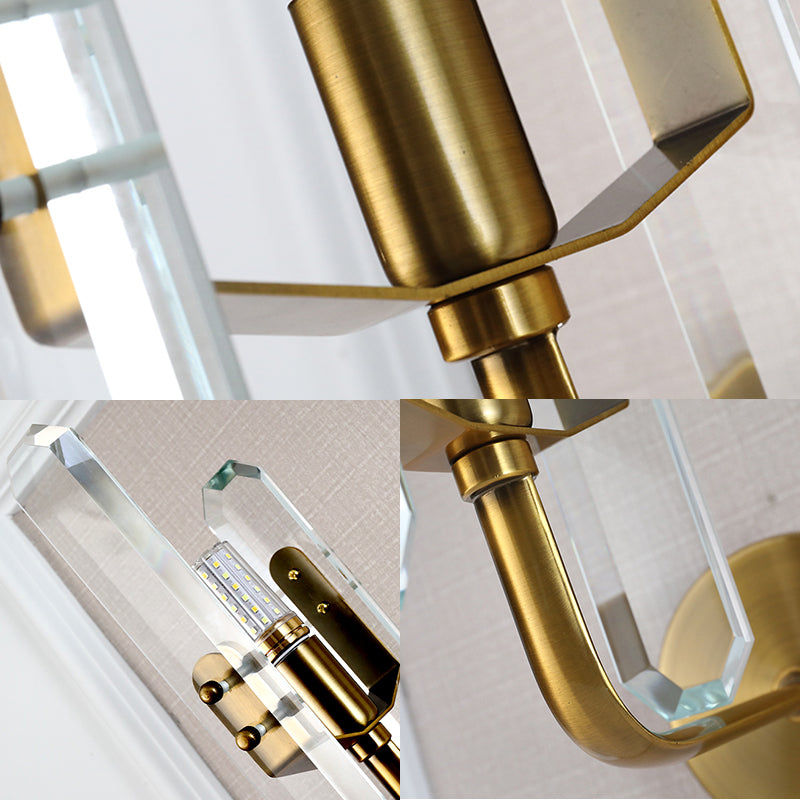 LED Living Room Sconce Light with Block Crystal Shade Postmodern Brass Wall Mounted Lamp