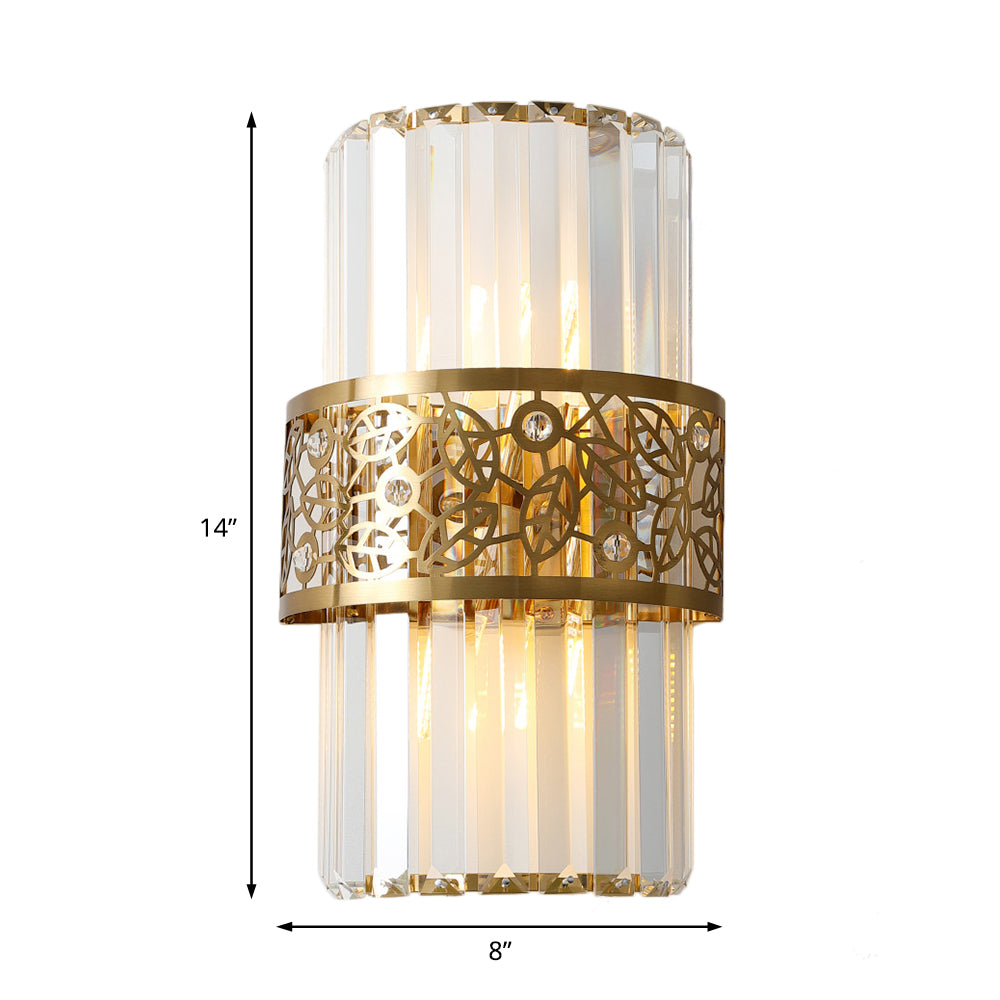 Cylinder Wall Light Modernist Crystal Rectangle 2 Lights Study Room Sconce Light with Brass Hollow Belt