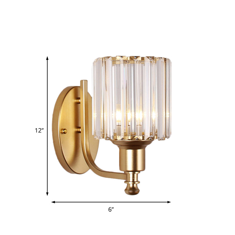 Contemporary Cylinder Wall Light Sconce Crystal Rectangle 1 Light Bedroom Sconce Light with Black/Gold Backplate
