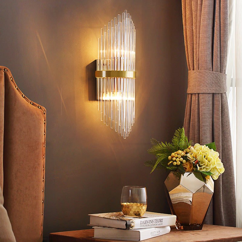 3 Lights Bedroom Wall Light Sconce Modern Brass Sconce Light with Cylinder Fluted Glass Shade, 7/9.5" Wide