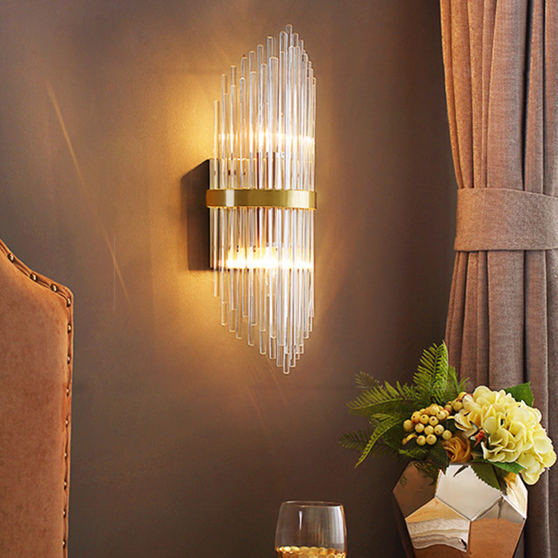 3 Lights Bedroom Wall Light Sconce Modern Brass Sconce Light with Cylinder Fluted Glass Shade, 7/9.5" Wide