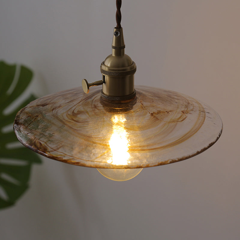 Amber Glass Flared Suspension Lighting Retro Style 1 Head Restaurant Pendant Ceiling Light