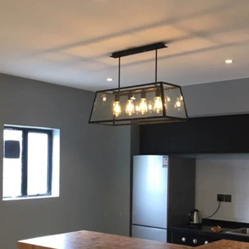 Trapezoid Clear Glass Pendant Light Antique 4 Heads Dining Room Hanging Island Light in Black