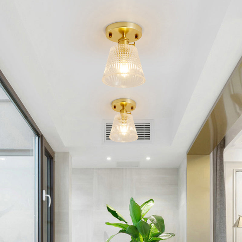 Gold Tapered Semi Flush Mount Minimalist Prismatic Glass 1 Head Corridor Ceiling Mounted Light
