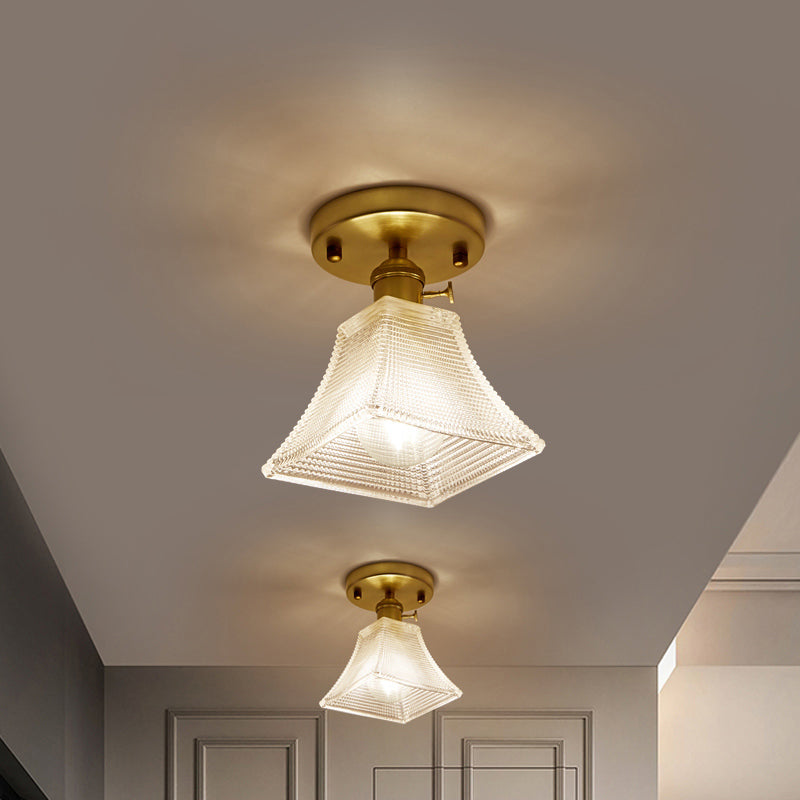 Gold Tapered Semi Flush Mount Minimalist Prismatic Glass 1 Head Corridor Ceiling Mounted Light