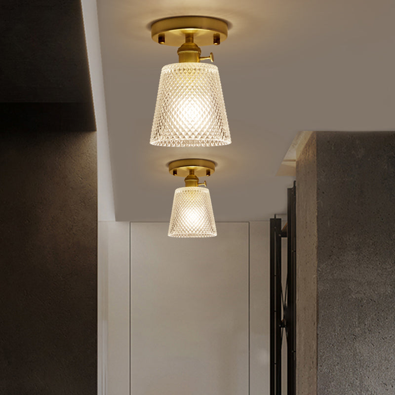 Gold Tapered Semi Flush Mount Minimalist Prismatic Glass 1 Head Corridor Ceiling Mounted Light
