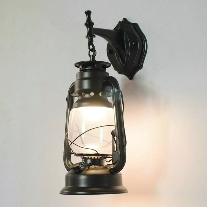 1-Light Wall Light Fixture Vintage Lantern Shaped Iron Kerosene Lighting for Restaurant