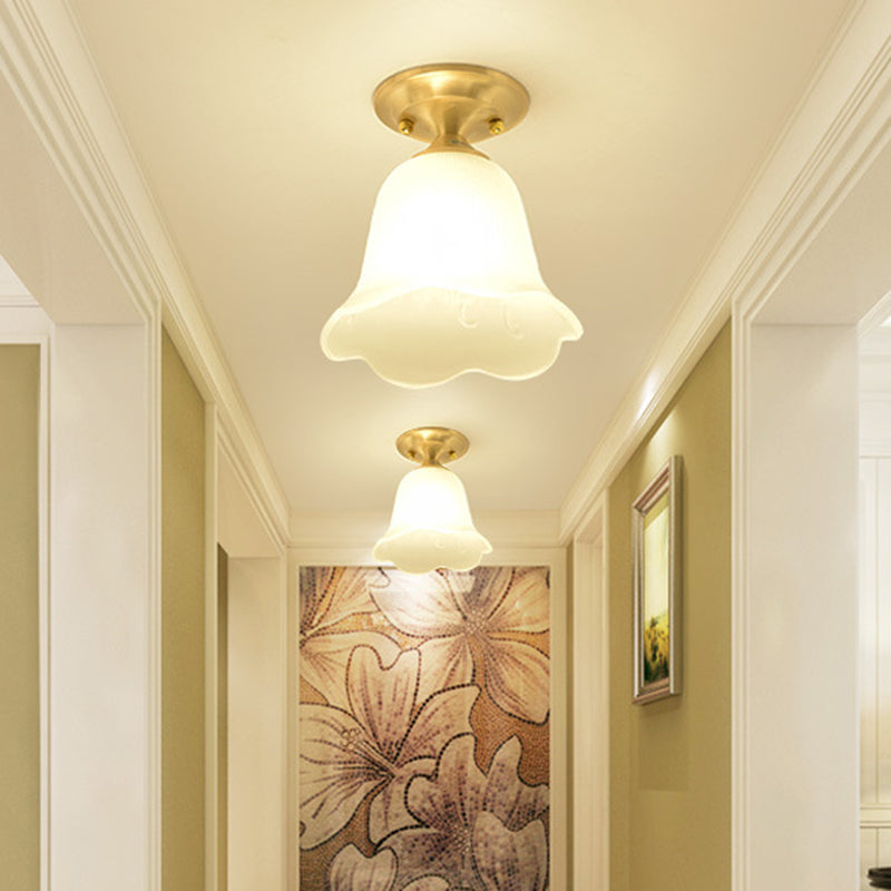 Floral Cream Glass Semi Flush Single Vintage Single Corridor Flush Ceiling Light Fixture in Gold