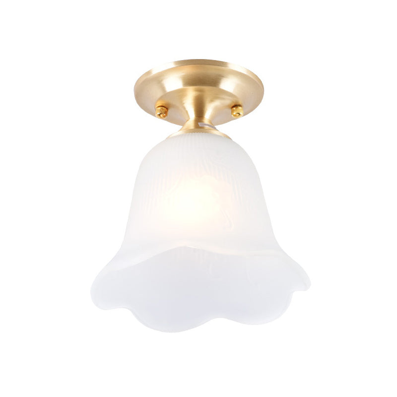 Floral Cream Glass Semi Flush Single Vintage Single Corridor Flush Ceiling Light Fixture in Gold