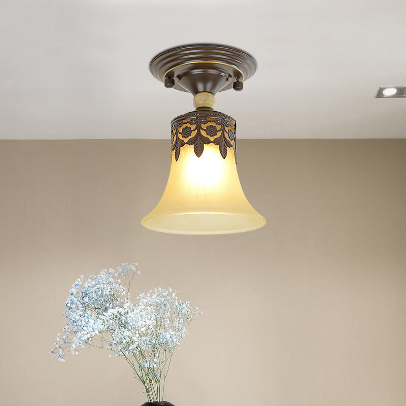 Beige Glass Flared Shade Semi Flush Mount Vintage 1 Bulb Corridor Ceiling Mounted Light in Black
