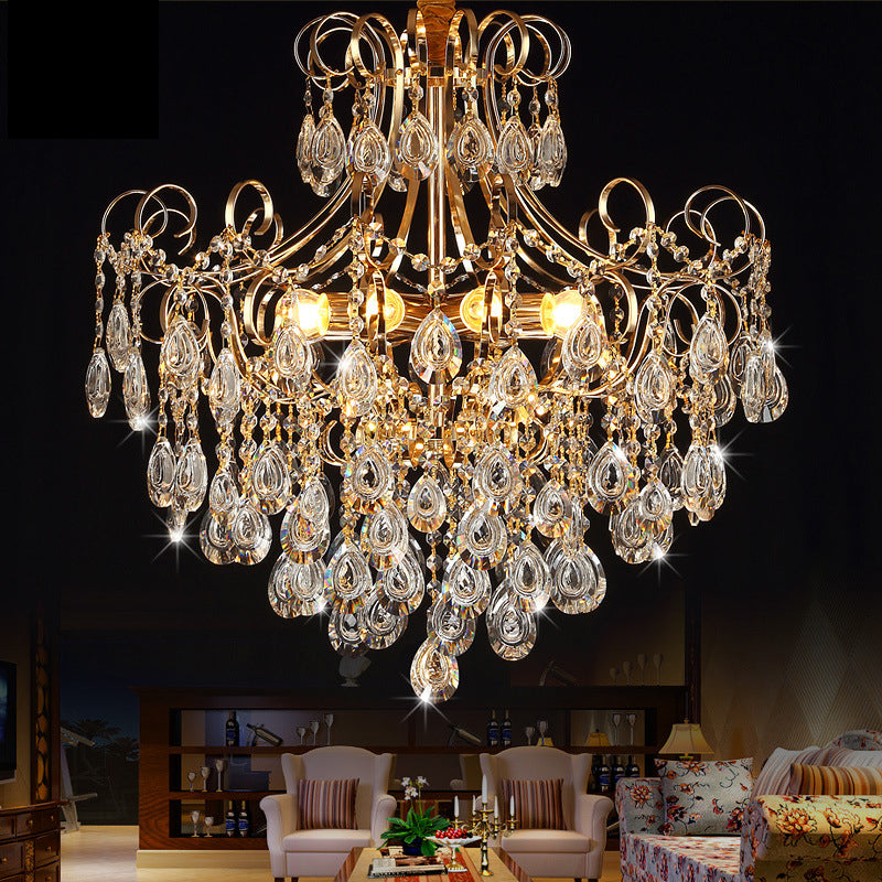 Flared Ceiling Light Fixture Postmodern Metal 5 Lights Gold Chandelier Light with Teardrop Crystal Accent