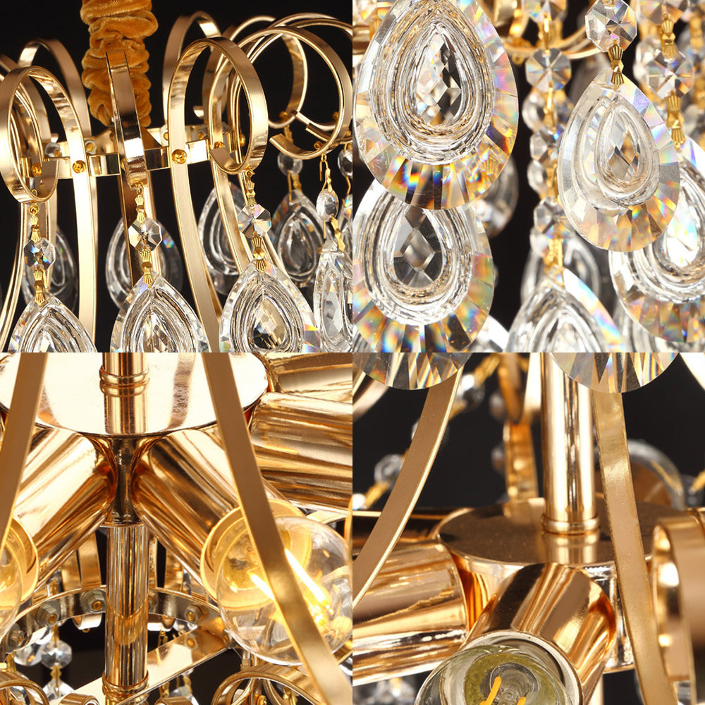 Flared Ceiling Light Fixture Postmodern Metal 5 Lights Gold Chandelier Light with Teardrop Crystal Accent