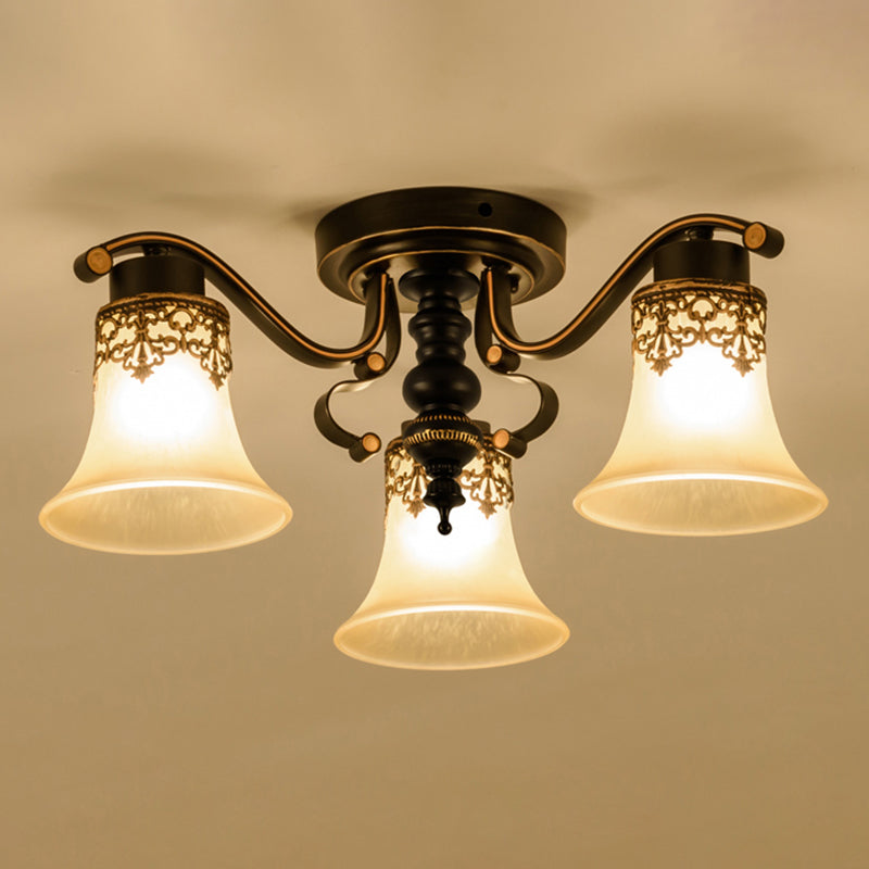 Handblown Glass Black Semi Flush Flared Shade Traditional Ceiling Mount Chandelier