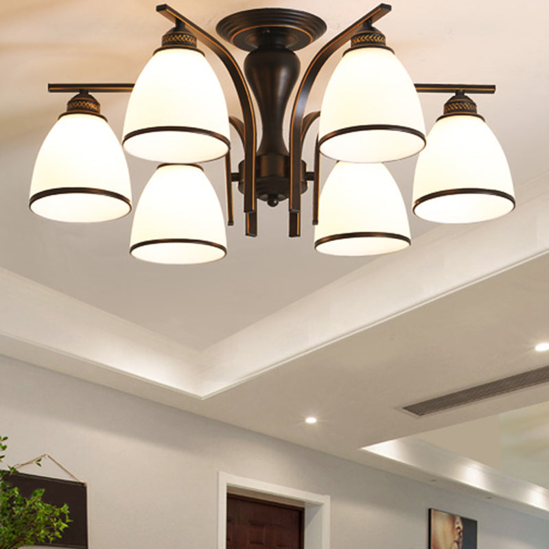 Retro Bell Flush Mount Light Frosted Glas halb Flush Kraut in Schwarz für Wohnzimmer