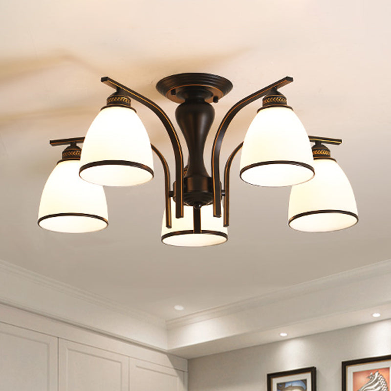Retro Bell Flush Mount Light Frosted Glas halb Flush Kraut in Schwarz für Wohnzimmer