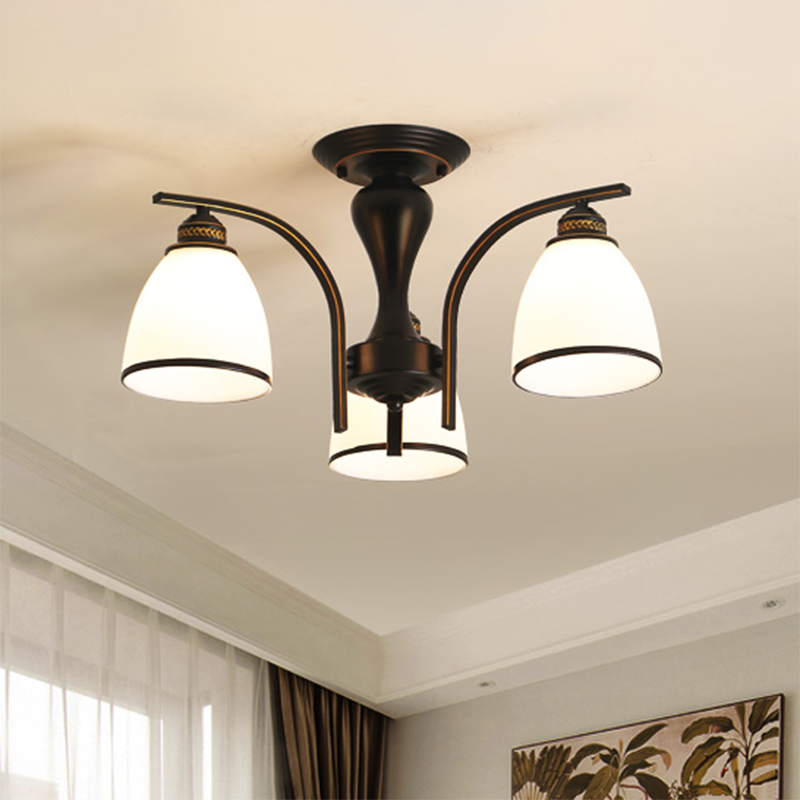 Retro Bell Flush Mount Light Frosted Glas halb Flush Kraut in Schwarz für Wohnzimmer