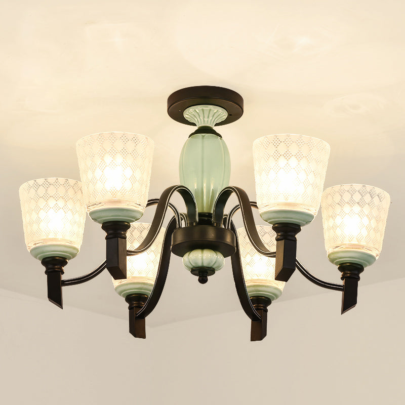 Tapered Living Room Semi Flush Traditional Rhombus Glass Light Green Ceiling Mount Chandelier