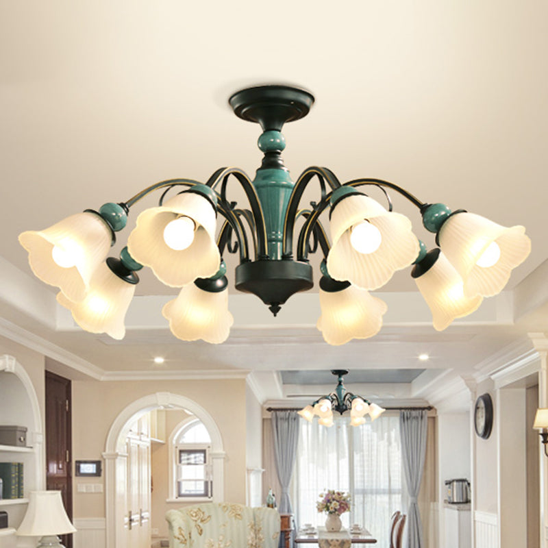 Green Flower Shade Flush Mount Light Retro Ribbed Glass Living Room Semi Flush Chandelier