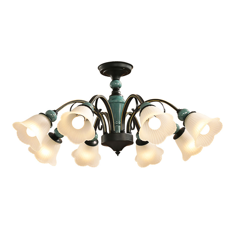 Green Flower Shade Flush Mount Light Retro Ribbed Glass Living Room Semi Flush Chandelier