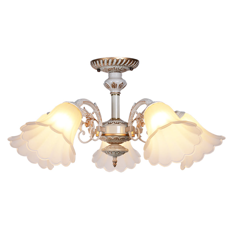 White Glass Floral Semi Flush Traditional Bedroom Ceiling Mount Chandelier with Scalloped Edge