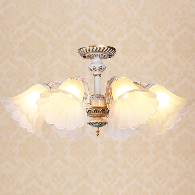 White Glass Floral Semi Flush Traditional Bedroom Ceiling Mount Chandelier with Scalloped Edge