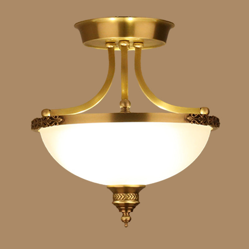 Inverted Dome Corridor Chandelier Pendant Light Vintage Frosted Glass 3 Bulbs Gold Hanging Light